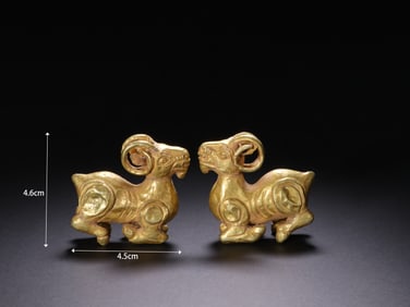 Pair of Solid Gold Carved Ram Shape Ornament