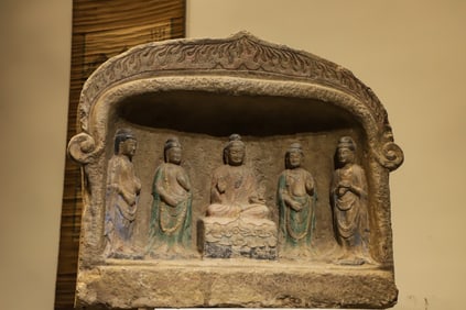 Grey Stone Carved Buddha Pattern Buddha Niche