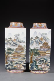 Pair of Enamel Drawing Landscape Pattern Porcelain Pot