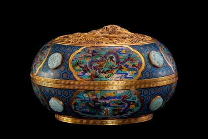 Pair of Bronze Cloisonne Inlaid Jade Carved Cloud and Dragon Pattern Lid Box