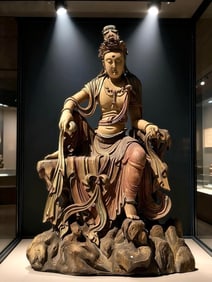 Wood Colour Painted Avalokitesvara Figure