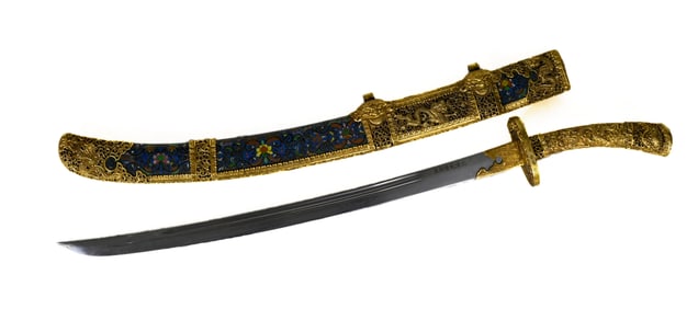 Bronze Cloisonne Inlaid Gilt Bronze Carved Flower and Dragon Pattern Sword Ornament