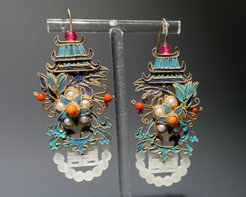 Pair of Gilt Silver Inlaid Jade and Blue Feather & Gem Stone Carved Flower Pattern Earring