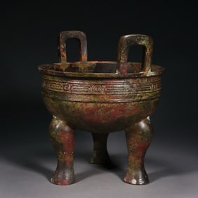 Chinese Bronze Carved Beast Face Pattern Double Ears Ding