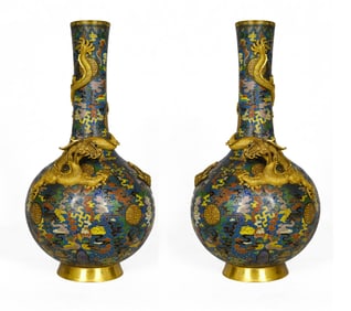 Pair of Bronze Cloisonne Inlaid Gilt Bronze Carved Dragon and Bat Pattern Vase