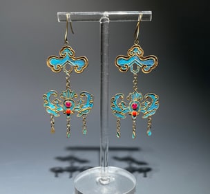 Pair of Gilt Silver Inlaid Gem Stone Carved Bat Pattern Earring