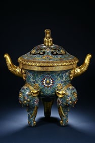 Bronze Cloisonne Carved Flower Pattern Double Elephant Ears Incense Burner