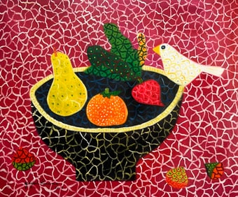 Yayoi Kusama, Fruit and Bird. Oil on Canvas