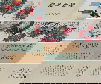 Qi Baishi Mark, Chinese Peaches Longevity painting. Ink and Color on Paper, Handscroll