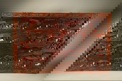 Huanghuali Wood Inlaid Jade Carved Character and Dragon Boat Pattern Wall Panel