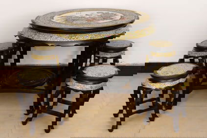 Group of Five Red Sandalwood Inlaid Famille Rose Flower and Bird Pattern Chair and Table