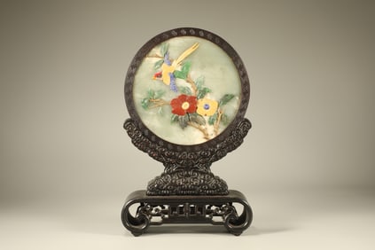 Red Sandalwood Inlaid Jade and Gem Stone Carved Flower and Bird Pattern Table Plaque