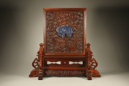 Huanghuali Wood Inlaid Lapis Carved Elephant and Beast Pattern Table Plaque