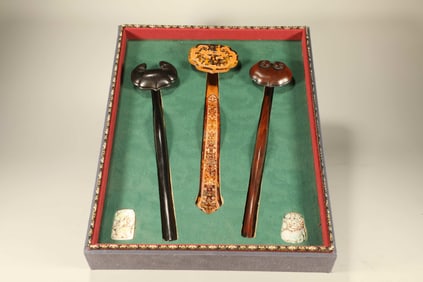 Group of Three Huanghuali Wood and Red Sandalwood & Bamboo Carved Reishi Mushroom Pattern RuYi