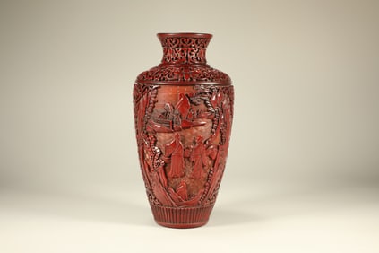 Lacquerware Red Carved Landscape and Character Story Pattern Vase