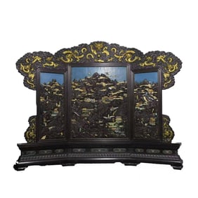 Red Sandalwood Inlaid Gem Stone Carved Dragon and Landscape & Character Story Pattern Screen