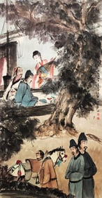 Fu Baoshi Mark, Chinese Figure Story painting. Ink and Color on Paper, Hanging Scroll