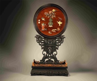 Red Sandalwood Inlaid Huanghuali Wood and Jasper Jade & Gem Stone Carved Flower and Flower Pot