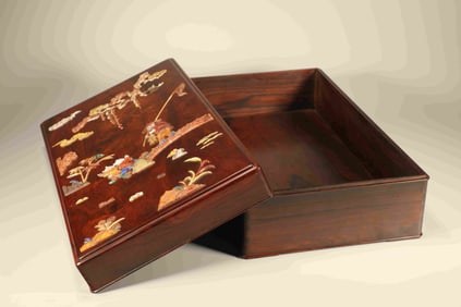 Huanghuali Wood Inlaid Gem Stone Carved Character Story Pattern Lid Box