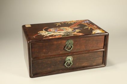 Red Sandalwood Inlaid Gem Stone Carved Flower and Bird Pattern Lid Box