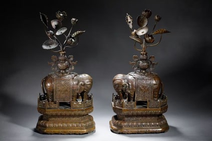 Pair of Bronze Carved Elephant Shape Figure