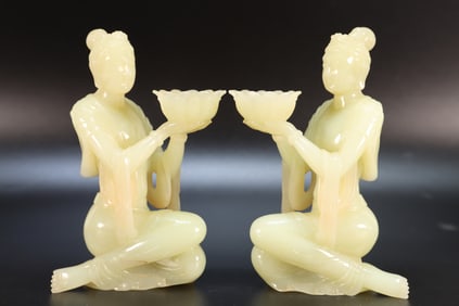 Pair of Jade Carved Beauty Shape Figure