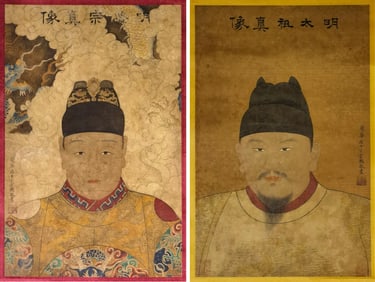Group of Two Chinese Drawing Portrait Emperor Painting,Ding Yunpeng Mark