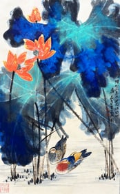 Zhang Daqian Mark, Chinese Lotus Pond and Mandarin Duck painting. Ink and Color on Paper, Hanging