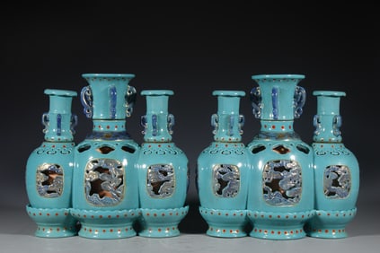 Pair of Turquoise Green Glazed Flower and Landscape Pattern Porcelain Movable Vase