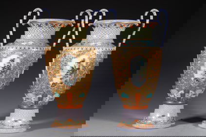 Pair of Famille Rose Flower and Landscape Pattern Porcelain Double Ears Vase