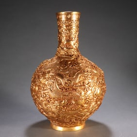 Gilt Bronze Carved Dragon and Cloud Pattern Tianqiu Vase