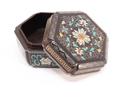 Red Sandalwood Inlaid Silver and Multi GemStone Carved Flower Pattern Lid Box