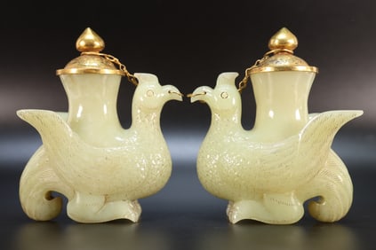 Pair of Jade Inlaid Gilt Bronze Carved Bird Shape Cup