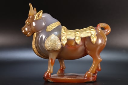 Agate Inlaid Gilt Bronze Carved Flower Pattern Ox Shape Figure