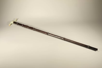 Red Sandalwood Inlaid Jade Carved Bird Shape Walking Stick