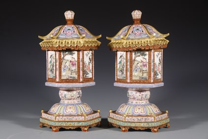 Pair of Famille Rose Flower and Bird & Playing Children Pattern Porcelain Palace Lanterns