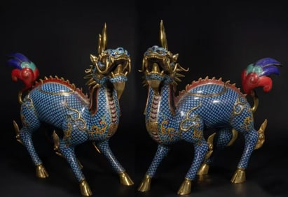 Pair of Bronze Cloisonne Carved Kirin Shape Figure