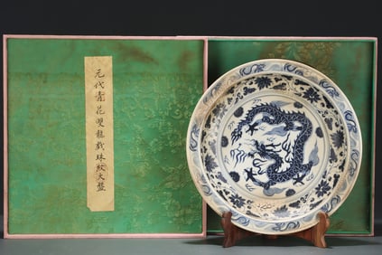 Blue and White Flower and Dragon Pattern Porcelain Plate