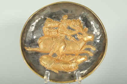 Gilt Silver Carved Character and Deer Pattern Plate,Tang Dynasty