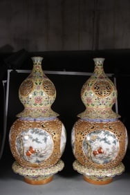 Pair of Famille Rose Flower and Horse Pattern Porcelain Movable Vase