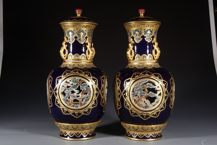 Pair of Bright Blue Glazed Gold Drawing Flower and Landscape Pattern Porcelain Movable Vase