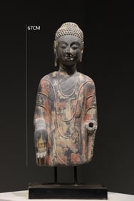 Grey Stone Colour Painted Sakyamuni Figure