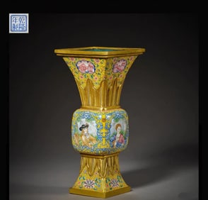 Bronze Enamel Blue Base Flower and Character Pattern Flower Pot