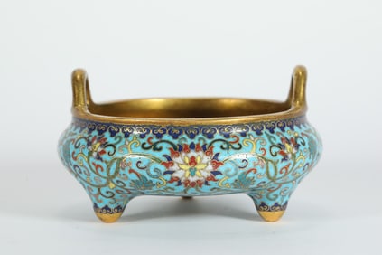Bronze Cloisonne Carved Flower Pattern Double Ears Incense Burner