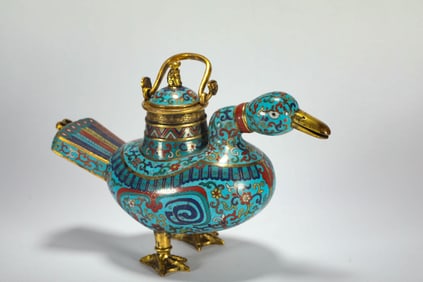 Bronze Cloisonne Carved Flower Pattern Goose Shape Handle Pot