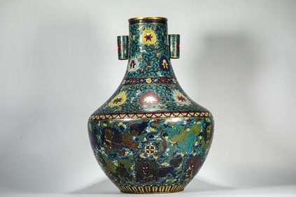 Bronze Cloisonne Carved Flower and Lion Pattern Double Ears Zun