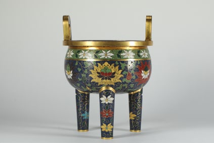 Bronze Cloisonne Carved Flower Pattern Double Ears Incense Burner