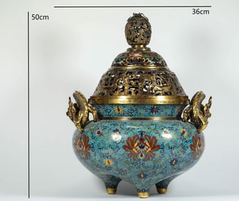 Bronze Cloisonne Carved Flower Pattern Double Dragon Ears Incense Burner