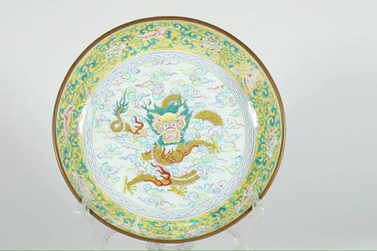 Bronze Enamel Blue Base Dragon and Flower Pattern Plate