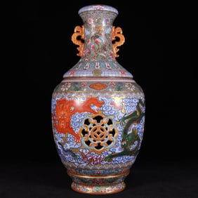 Enamel Drawing Dragon Pattern Porcelain Double Dragon Ears Movable Vase
